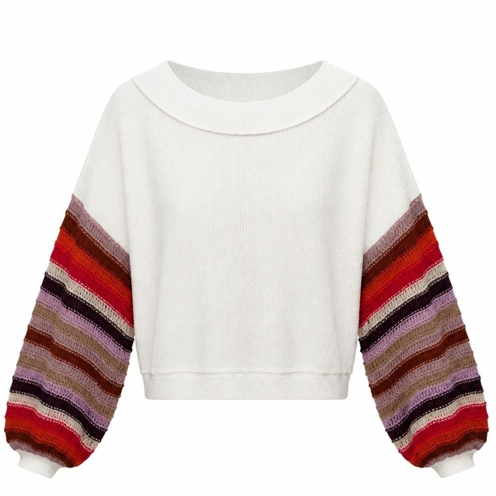 Free People Cha Cha Sweater Women M Boho Open Knit Striped Balloon Sleeve Artsy